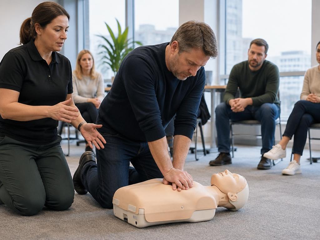 An instructor guiding a learner through CPR on a training manikin in an office