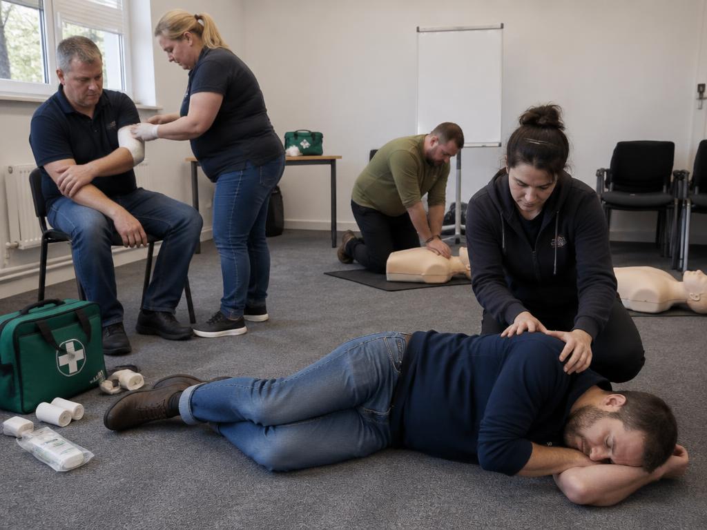 A group practising bandaging and the recovery position during a first aid at work course