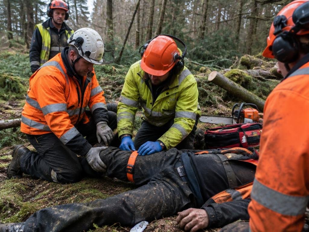 Forestry workers in high-vis practising bleed control on a casualty in woodland