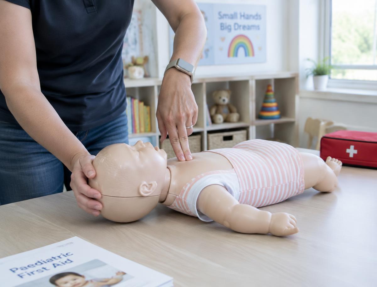 Adult hands practising infant CPR on a training manikin