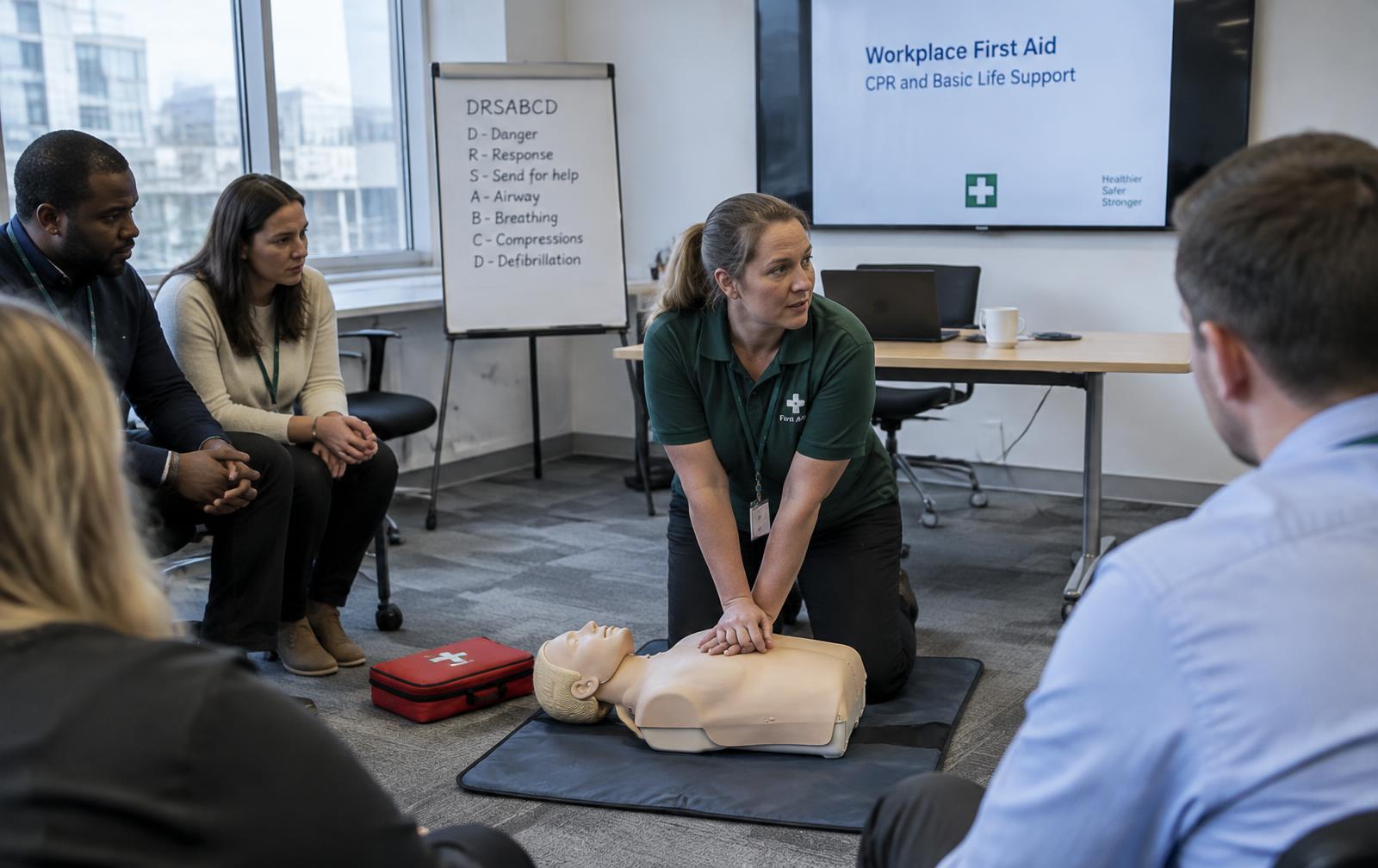A first aid instructor demonstrating CPR to office colleagues