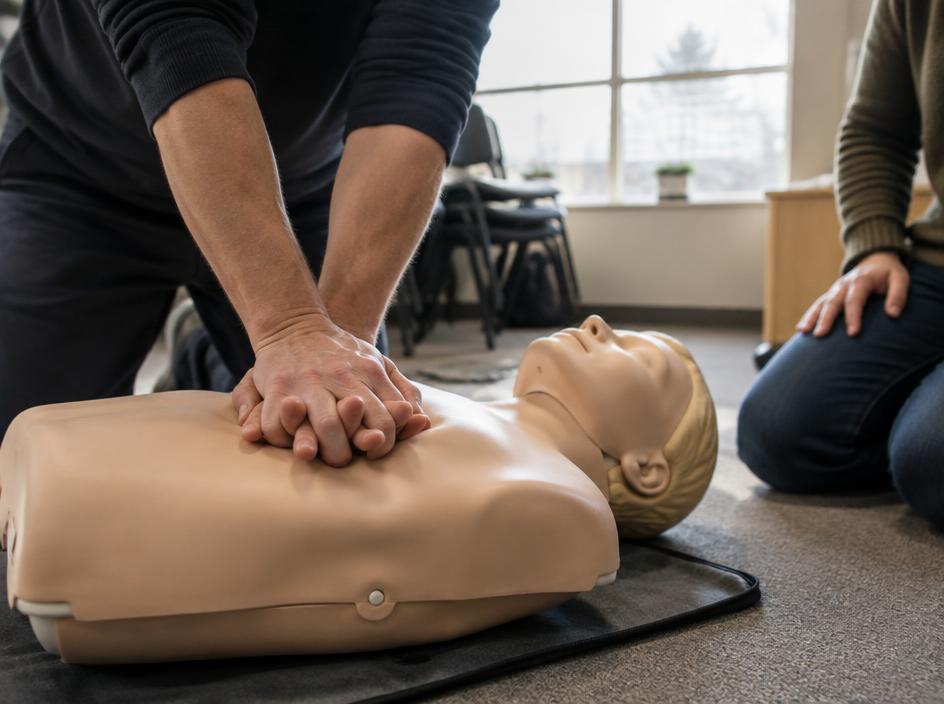 Hands practising chest compressions on a CPR training manikin