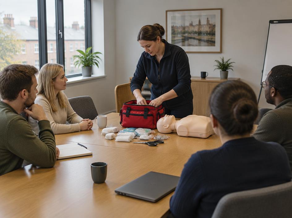Trainer setting up first aid equipment in an office meeting room