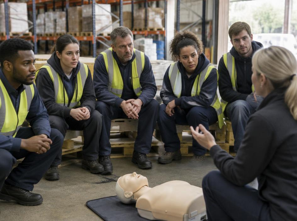 Workers in high-vis vests listening to a first aid trainer