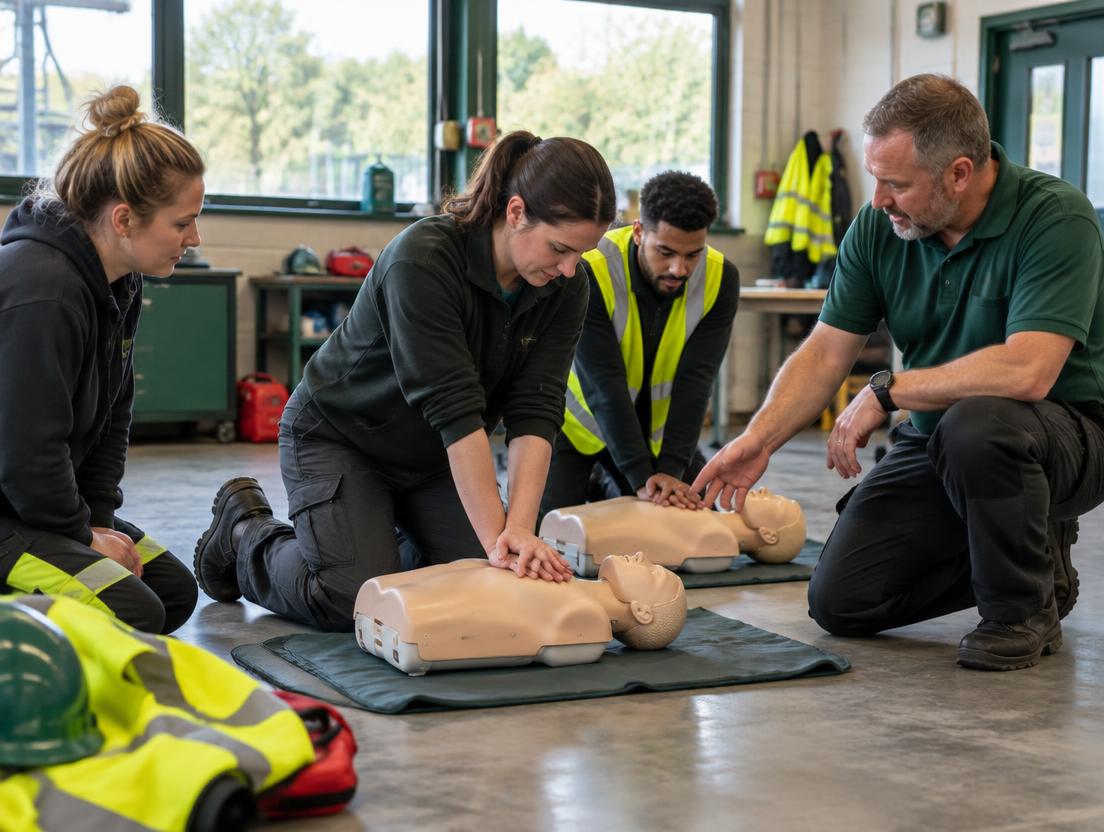 A workplace team receiving hands-on first aid training at their premises