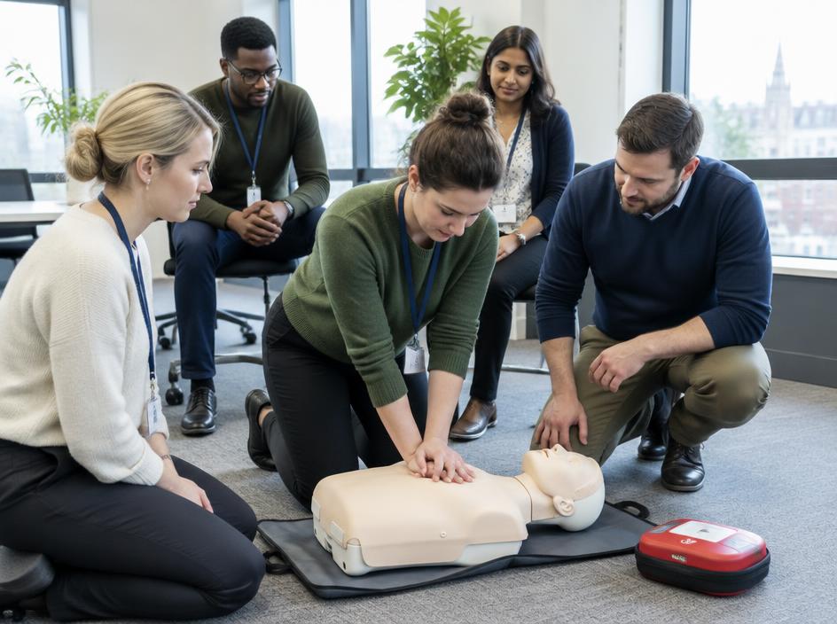 Office employees practising CPR on a training manikin in a meeting room