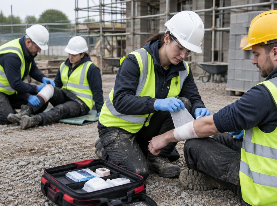 Construction workers in hard hats practising bandaging on a building site