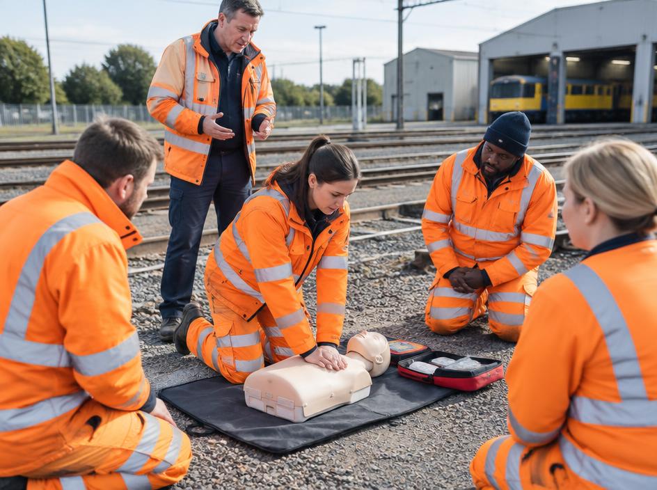 Rail workers in orange hi-vis practising CPR at a railway depot