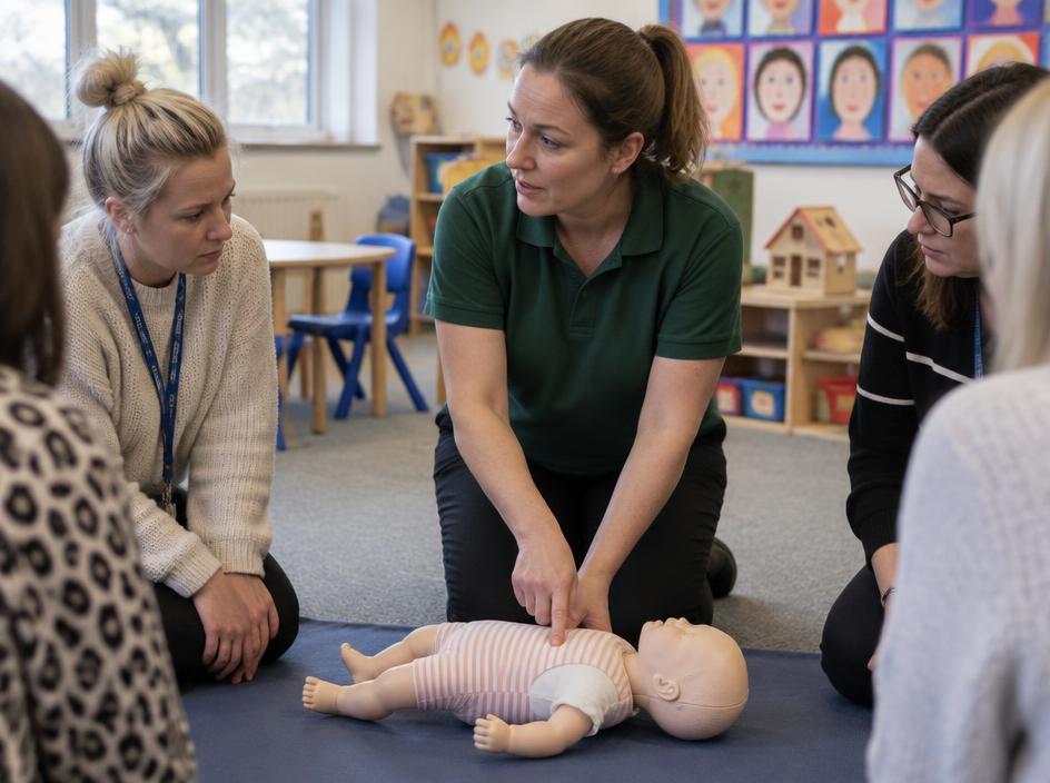 Nursery and school staff practising infant CPR with a trainer in a classroom