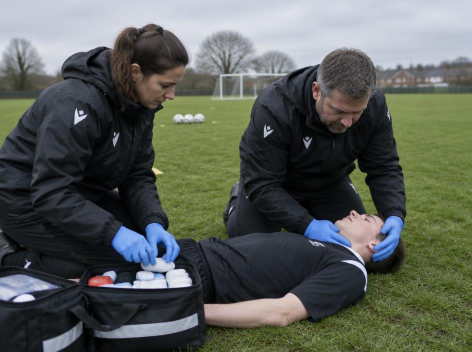 Sports coaches giving first aid to a player on a grass pitch