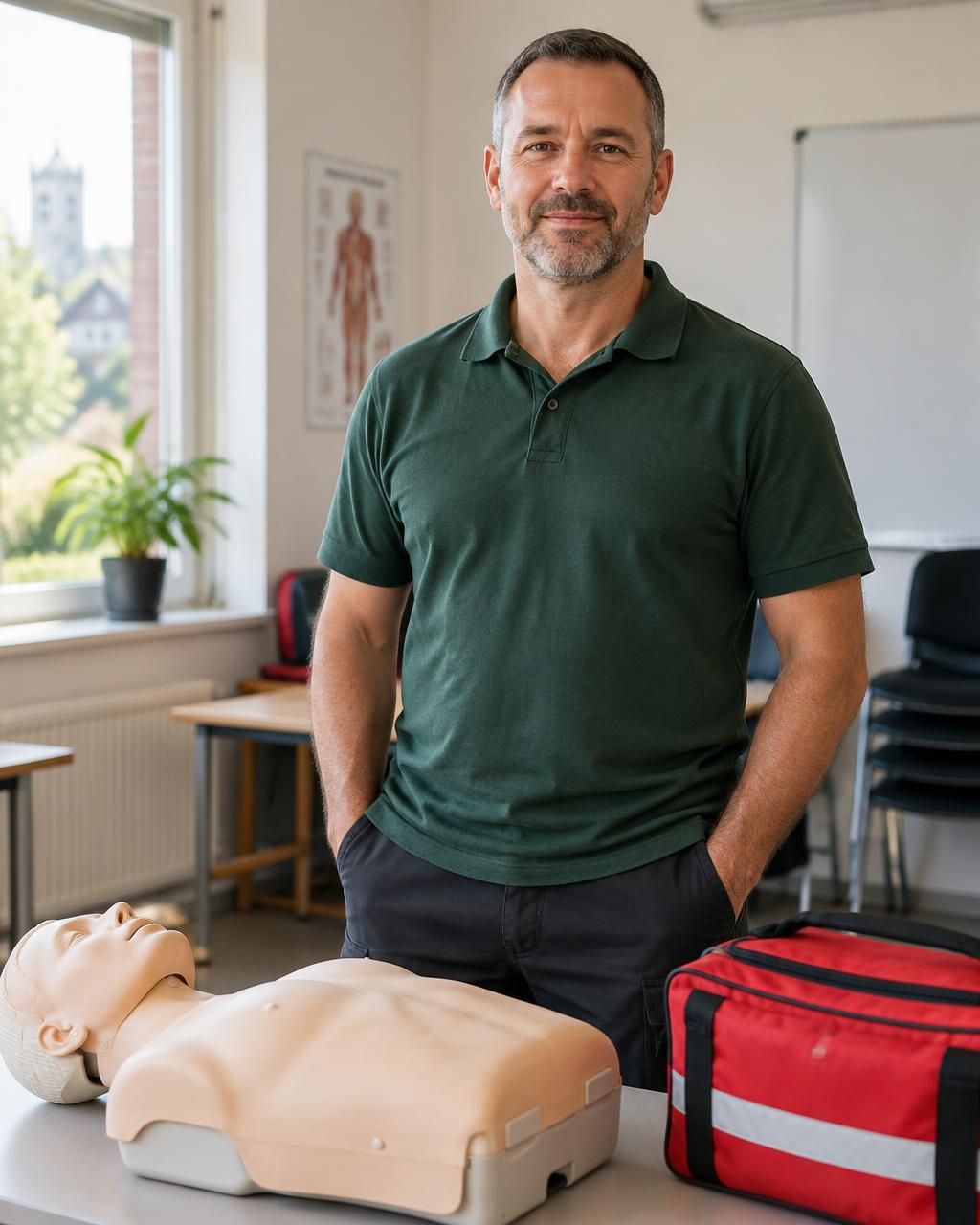 First aid trainer standing beside a CPR manikin and first aid kit in a training room